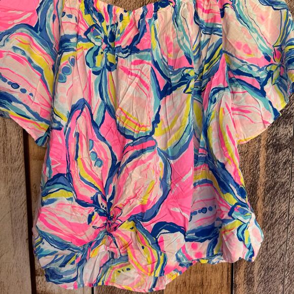Lilly Pulitzer Top Sain Sunset The Sunny Side Off Shoulder Small Tropical Resort - Picture 4 of 8